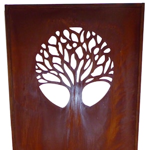 May include: A rusty metal garden screen with a cut-out tree of life design. The screen is brown and has a rectangular shape.