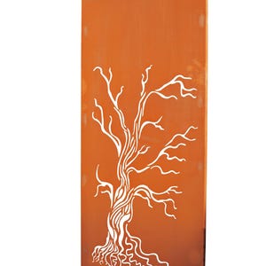 May include: A rust-colored metal garden screen with a white silhouette of a tree with branches and roots. The screen is freestanding with two metal legs.