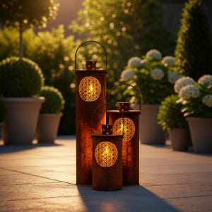 Op de afbeelding: Drie roestige metalen lantaarns van verschillende hoogtes, met een warm, gloeiend licht. Elke lantaarn heeft een cilindrisch lichaam met een decoratief geometrisch patroon en een handvat. De lantaarns hebben een warme bruine kleur.