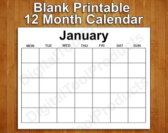 Blank Calendar | 12 Month Calendar |Printable PDF’s | 8.5 in x 11 in | Mon & Sun Start