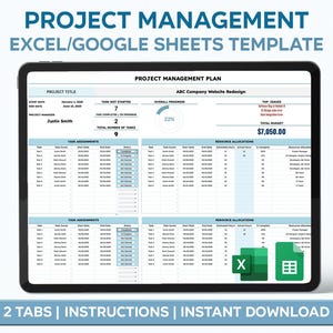 Peut inclure: Une capture d'écran d'une tablette affichant un modèle de plan de gestion de projet pour Excel ou Google Sheets. Le modèle comprend des sections pour les affectations de tâches, les allocations de ressources et l'avancement global du projet. Le modèle est intitulé "Plan de gestion de projet" et le projet est "Refonte du site Web d'ABC Company". Le modèle affiche un budget total de 7 050,00 $ et une progression globale de 22 %.