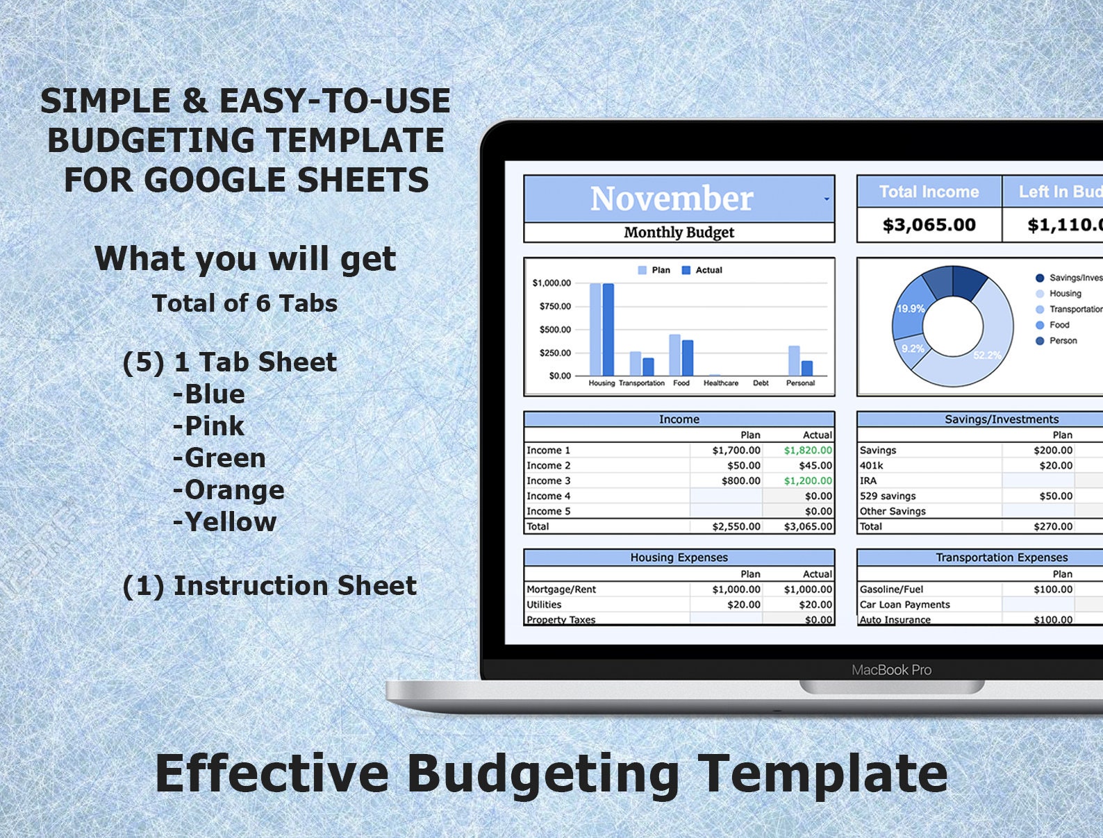 Monthly Budget Spreadsheet for Google Sheets | Financial Planner ...