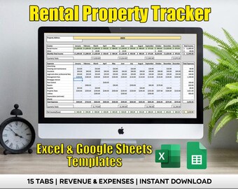 May include: A computer monitor displays a spreadsheet titled "Rental Property Tracker" with financial data for 2023. The screen shows monthly income and expense categories. Text at the bottom reads "Excel & Google Sheets Templates" and "15 TABS | REVENUE & EXPENSES | INSTANT DOWNLOAD."