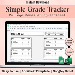Simple Grade Tracker | College Semester Spreadsheet | Google Sheets & Excel | 18 Week Template | Point Based Class | Student Spreadsheet