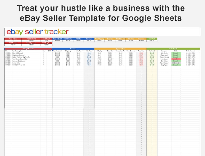 May include: A spreadsheet template for tracking eBay sales. The template includes columns for order date, item description, listing information, quantity, item subtotal, shipping, sales tax, order total, shipping tax, sales tax, transaction fee, other expenses, total fees, net profit, recipient, order status, and order number. The template is designed to help eBay sellers track their sales and expenses.