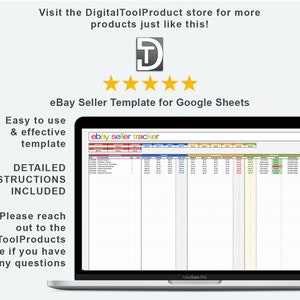 May include: A laptop computer displaying a Google Sheets spreadsheet titled "eBay Seller Tracker". The spreadsheet is a template for tracking eBay sales and includes columns for listing title, sales price, shipping cost, and other relevant information. The image also includes text that says "Easy to use & effective template" and "Detailed instructions included".