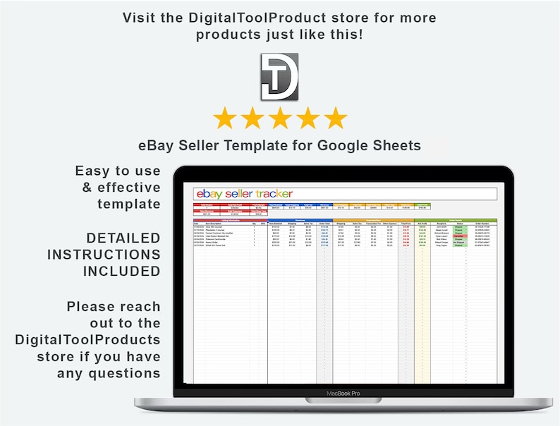 May include: A laptop computer displaying a Google Sheets spreadsheet titled "eBay Seller Tracker". The spreadsheet is a template for tracking eBay sales and includes columns for listing title, sales price, shipping cost, and other relevant information. The image also includes text that says "Easy to use & effective template" and "Detailed instructions included".