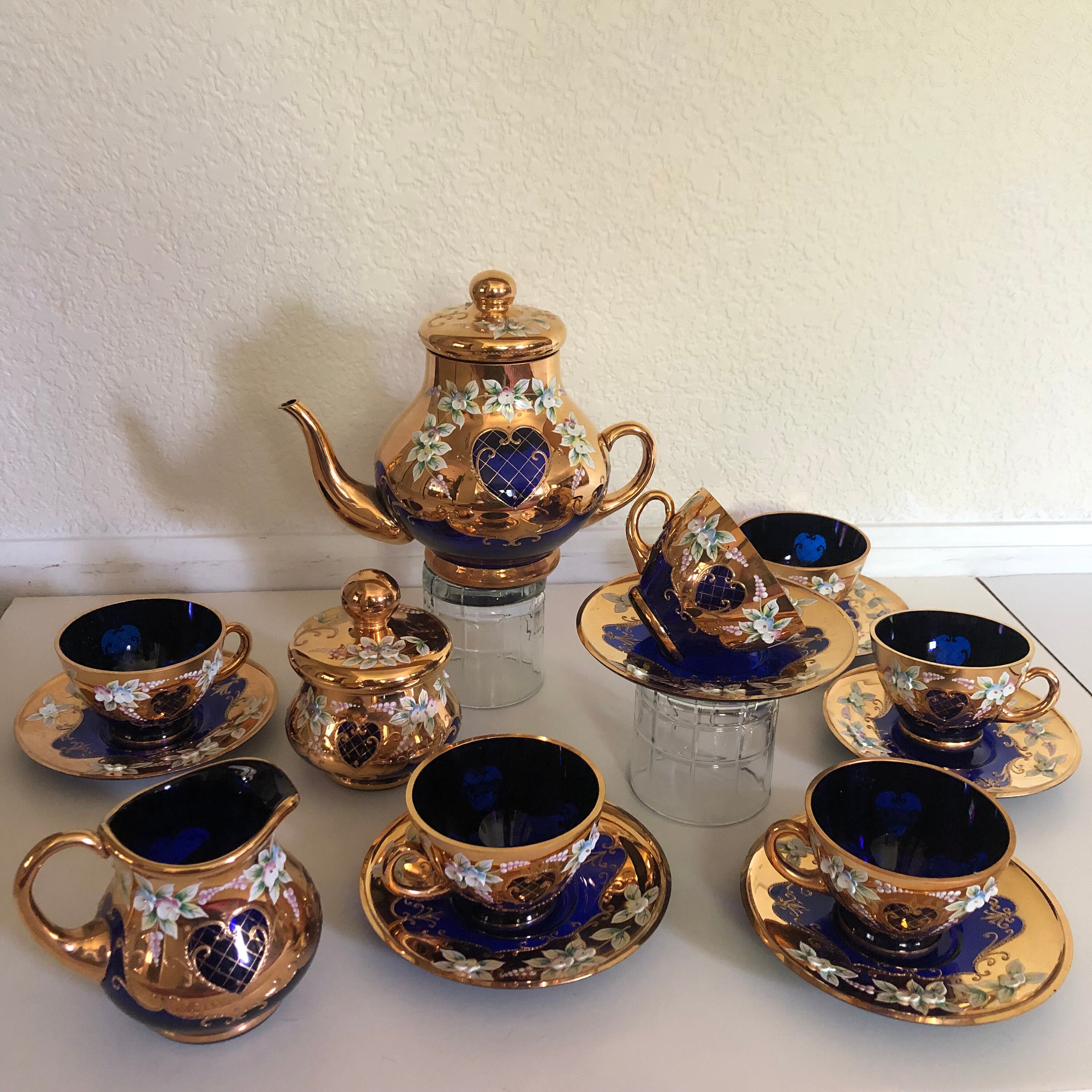 Blue crystal tea set decorated with 24k gold and enamel Etsy