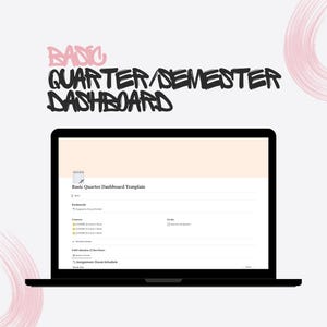 Puede incluir: Una pantalla de computadora portátil que muestra una plantilla de tablero de instrumentos de trimestre básico. La plantilla incluye secciones para marcadores, cursos, un calendario completo de fechas de vencimiento y horarios de tareas y exámenes. La plantilla se titula "Plantilla de tablero de instrumentos de trimestre básico".