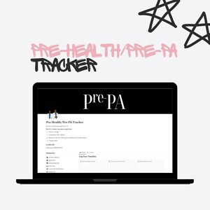 May include: A laptop computer screen displaying a website titled "Pre-Health/Pre-PA Tracker" with a black and white illustration of two people in medical scrubs. The website includes a section titled "Gap Year Timeline" with three boxes.