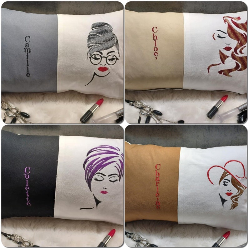 May include: Four decorative cushions with different embroidered designs. Each cushion has a two-toned fabric with a different colour on each side. The cushions feature embroidered images of women with different hairstyles and accessories. The names "Camille", "Chloe", "Colette", and "Charlie" are embroidered on the cushions.