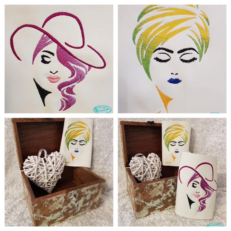 May include: Two embroidered designs of women's faces, one with a hat and the other with a turban. The designs are on white fabric and are displayed in wooden boxes with white wicker hearts.