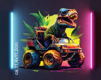 Cooler Dino mit Sonnenbrille im Dschungel - Bügelbild, Bügelmotiv, Textiltransferdruck, Textildruck, DTF, Applikation