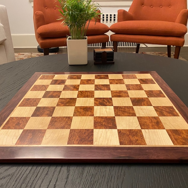 21" Handmade Wooden Chess Board Checker Board, Exotic Wood - Maple and Bubinga Squares - Birthday Gift, Holiday Gift