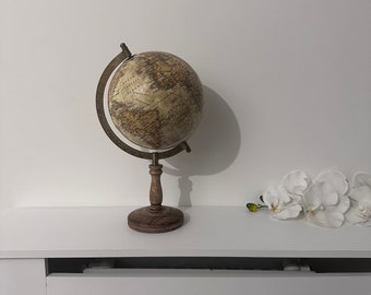 Rotating Globe Wooden Stand | Neutral Home Decor | Antique Style | Office Desk Ornament