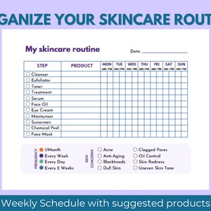 May include: A printable skincare routine planner with a grid for scheduling products and a list of common skincare steps, frequencies, and concerns. The planner includes sections for cleanser, exfoliator, toner, treatment, serum, face oil, eye cream, moisturiser, sunscreen, chemical peel, and face mask.