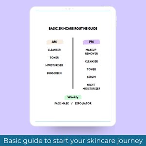 May include: A basic skincare routine guide with a list of products to use in the morning, evening, and weekly. The guide is divided into three sections: AM, PM, and Weekly. The AM section includes cleanser, toner, moisturiser, and sunscreen. The PM section includes makeup remover, cleanser, toner, serum, and night moisturiser. The Weekly section includes face mask and exfoliator.