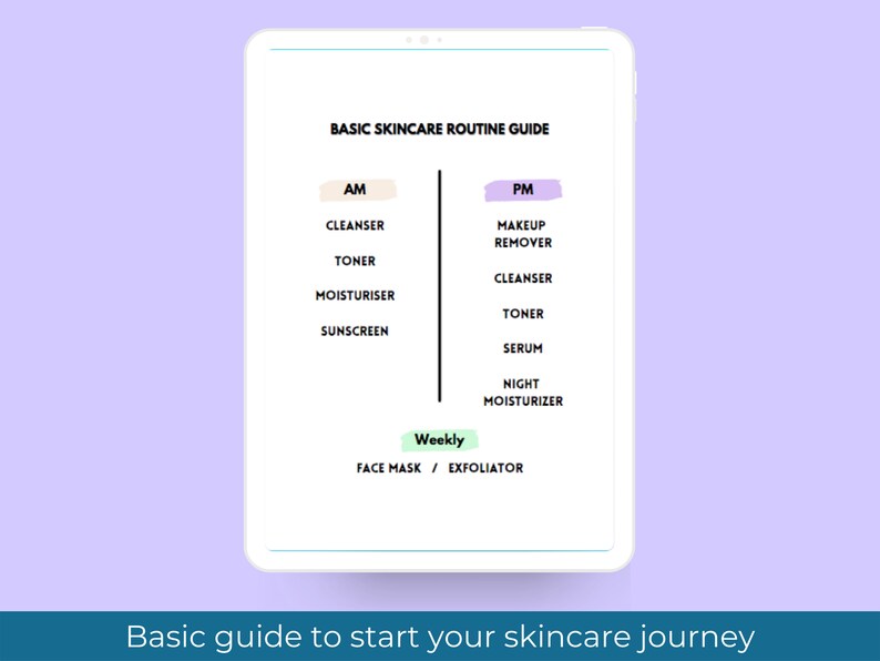 May include: A basic skincare routine guide with a list of products to use in the morning, evening, and weekly. The guide is divided into three sections: AM, PM, and Weekly. The AM section includes cleanser, toner, moisturiser, and sunscreen. The PM section includes makeup remover, cleanser, toner, serum, and night moisturiser. The Weekly section includes face mask and exfoliator.