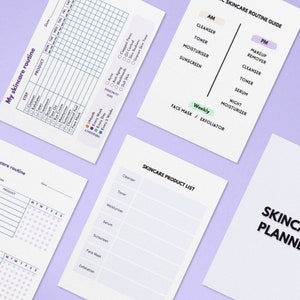 May include: A printable skincare planner with four pages. The pages include a skincare routine guide, a product list, and two pages for tracking daily and weekly routines. The pages are white with black text and green and purple accents.