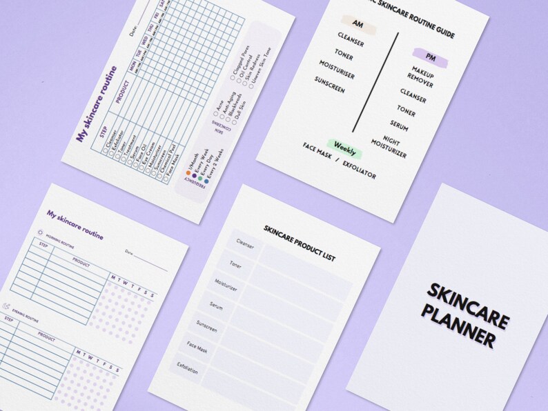 May include: A printable skincare planner with four pages. The pages include a skincare routine guide, a product list, and two pages for tracking daily and weekly routines. The pages are white with black text and green and purple accents.
