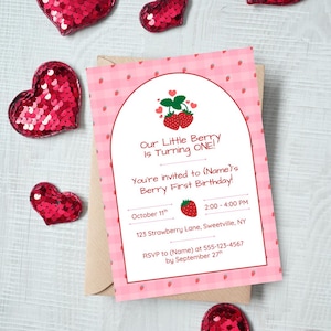 Berry First Birthday Invitation: Strawberry Party, Editable Canva Template (Digital Download