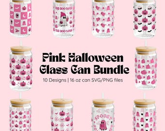 Paquete de envoltorios rosas para latas de vidrio de Halloween / 10 diseños bonitos (SVG y PNG)