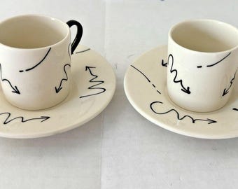 Vtg Set 2 Black White Contemporary English Art Expresso Cups Saucers EUC SOFIEB