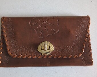 Vintage brown tooled leather purse, shell clasp, compartments, boho, retro, 70s