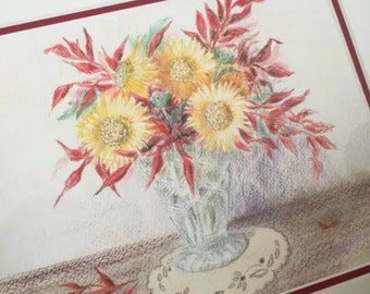Original artwork “Calendulas” marigolds in vase framed pencil drawing still life by Dot Enders, signed