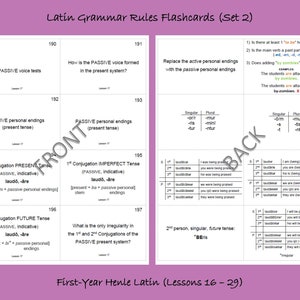 May include: A set of flashcards designed to help learn Latin grammar rules. The flashcards are colour-coded and feature different verb conjugations and tenses. The text on the flashcards includes "Latin Grammar Rules Flashcards (Set 2)", "3 PASSIVE voice tests", "How is the PASSIVE voice formed in the present system?", "ACTIVE personal endings (present tense)", "PASSIVE personal endings (present tense)", "1st Conjugation PRESENT Tense (PASSIVE, Indicative) laudo, -åre", "1st Conjugation IMPERFECT Tense (PASSIVE, Indicative) laudo, -åre", "1st Conjugation FUTURE Tense (PASSIVE, Indicative) laudo, -åre", "What is the only irregularity in the 1st and 2nd Conjugations of the PASSIVE present system?", "2nd person, singular, future tense: *beris*" and "First-Year Henle Latin (Lessons 16 - 29)".