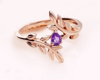 Natural Amethyst Ring Matching Ring Twist Wedding Band Natural Inspired Leaf Ring Anniversary Gift Stacking Ring Handmade Twig Ring For Her