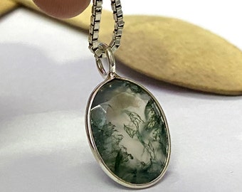 Faceted Moss Agate Pendant, 925 Sterling Pendant, Oval Cut Gemstone Pendant, Silver Pendant, Birthday Gift, Moss Agate Jewelry, Gift For Her