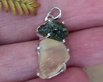 Natural Moldavite and Libyan Desert Glass Pendant, 925 Sterling Silver Pendant, Libyan Glass Pendant, Moldavite Pendant, Tektite Pendant