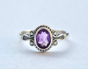 Oval Amethyst Ring, Handmade Silver Ring, 925 Sterling Silver Ring, Baguette Amethyst Designer Ring, February Birthstone, Promise Ring