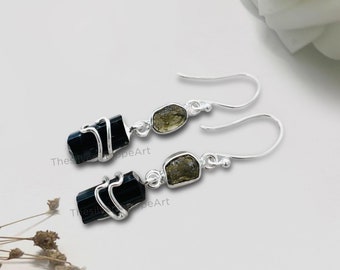 Authentic Raw Moldavite and Black Tourmaline Earring in 925 Sterling Silver, Natural Moldavite Earring, Raw Crystal Earring, Gift for Her