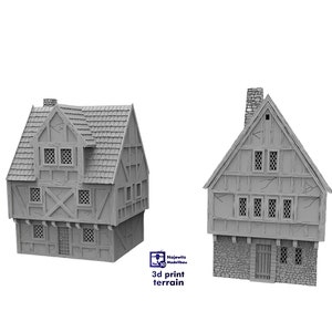 Puede incluir: Dos casas en miniatura impresas en 3D con detalles en piedra gris y madera. Las casas tienen ventanas, puertas y techos. Las casas son parte de un conjunto de terreno impreso en 3D.