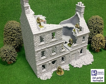 May include: A 3D printed model of a ruined building with a gray stone facade. The building has a collapsed roof and broken windows. There are small figures of soldiers on the roof and inside the building. The building is surrounded by green grass and small trees.