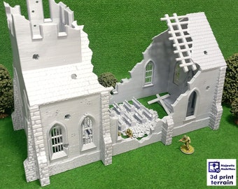 May include: A gray, 3D-printed model of a ruined church, featuring detailed architectural elements like arched windows and a partially collapsed roof. The model includes miniature figures, and the text "3d print terrain".