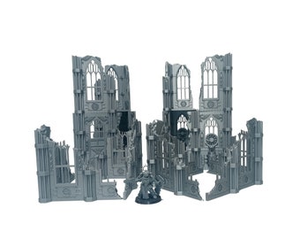 Ruines de bâtiments gothiques, série B - Modèle de terrain imprimé pour jeux de guerre sur table, Scénographie de science-fiction, Jeux de guerre miniatures 28 mm, Terrain imprimé en 3D