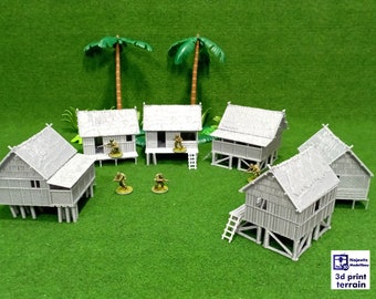 WWII Pacific Terrain Collection 2 - Pacific Huts, Terrain imprimé en 3D pour vos jeux de table préférés, échelles 1/100, 1/72, 1/56