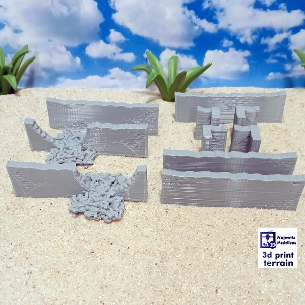 Desert Village Walls - Murs composés, Terrain imprimé en 3D pour jeux de table et dioramas, Africa Terrain WWII, 1/100, 1/72, 1/87, 1/56