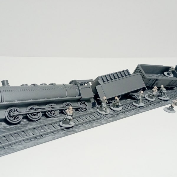 Treinwrak, modulaire trein, Europa in oorlog WO II - Verkrijgbaar in 15 mm/H0/20 mm/28 mm/35 mm, veekarren, kolenkarren, gasvloeistofkarren, locomotief