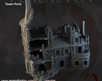 May include: A detailed 3D printed model of a ruined tavern building. The building is made of gray plastic and has a variety of details, including windows, doors, and a chimney. The building is in a state of disrepair, with broken walls and crumbling bricks. The model is perfect for use in tabletop games or as a decorative piece.