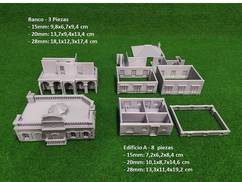 Puede incluir: Modelos de edificios en miniatura grises, incluyendo un banco y un edificio etiquetado como "Edificio A". Los modelos de banco vienen en tres tama&ntilde;os: 9,8x6,7x9,4 cm, 13,7x9,4x13,4 cm y 18,1x12,3x17,4 cm. Los modelos "Edificio A" vienen en tres tama&ntilde;os: 7,2x6,2x8,4 cm, 10,1x8,7x14,6 cm y 13,3x11,4x19,2 cm.
