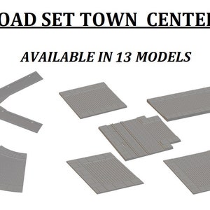 Puede incluir: Modelos de Road Set Town Center. La imagen muestra varias piezas de carretera grises, incluyendo tramos rectos, curvas e intersecciones. El texto dice "Available in 13 Models."