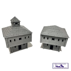 Fortino in tronchi a due piani e guerra franco-indiana, diorama, America: il Nuovo Mondo, disponibile in 15 mm/H0/20 mm/28 mm/35 mm, terreno di stampa 3D