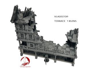 May include: A gray, 3D printed, ruined building model with a wooden terrace. The model is labeled "Vladstop Terrace 1 Ruins".