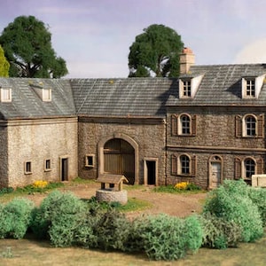 May include: A stone farmhouse with a gabled roof, arched doorways, and multiple windows. The building is surrounded by green bushes and trees.