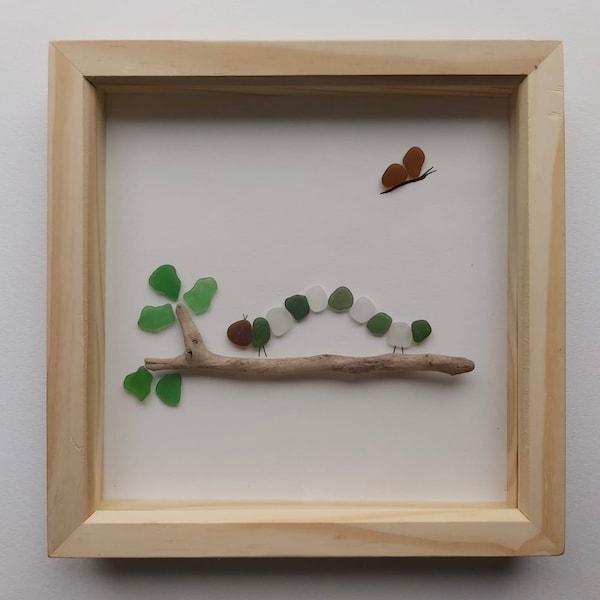 Framed 'Caterpillar' Sea Glass Art / Butterfly Leaves Hungry / Animal Insect / Drift Wood Beach / Seaside Outside / Picture Present Gift