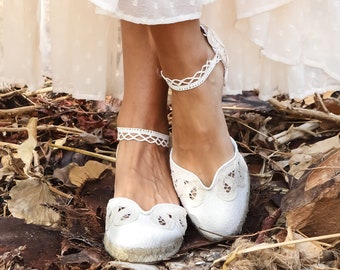 Boho wedge espadrilles in Ivory with openwork lace detailing,  Ivory coloured low wedge espadrilles | Openwork lace boho shoes